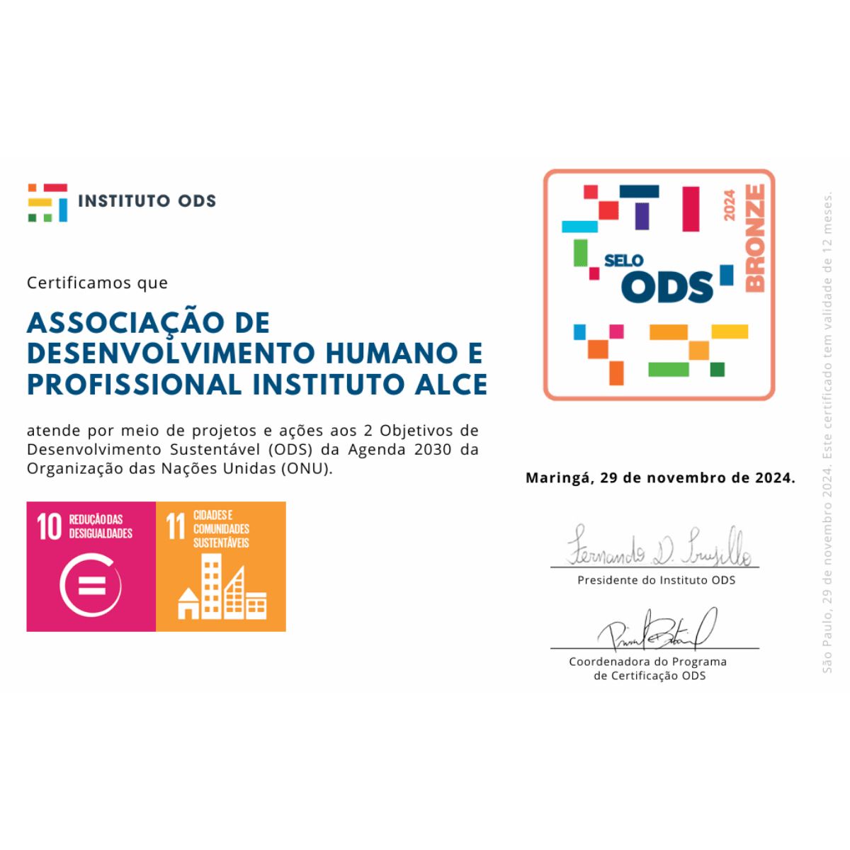 Selo Bronze do Instituto ODS Brasil concedido ao Instituto Alce por adesão aos Objetivos de Desenvolvimento Sustentável da ONU