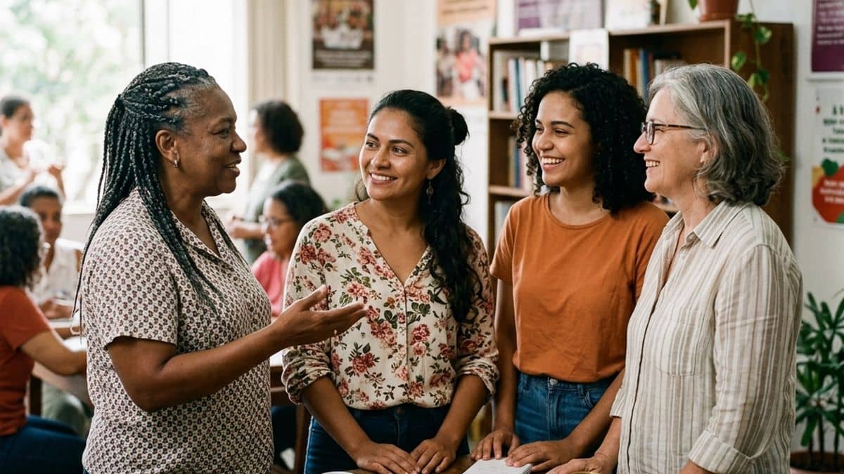 Imagem simbólica sobre direitos das mulheres e enfrentamento à violência, sem retratar participantes ou situações de acolhimento.