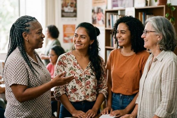Imagem simbólica sobre direitos das mulheres e enfrentamento à violência, sem retratar participantes ou situações de acolhimento.